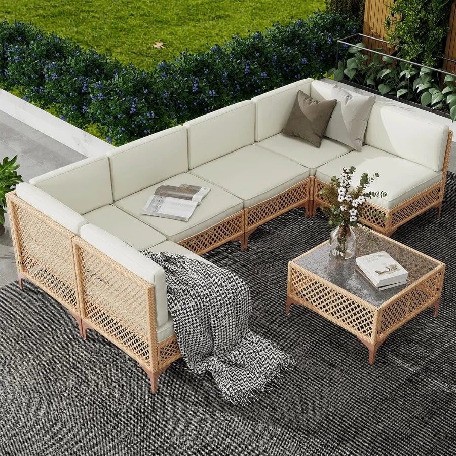 Outdoor Patio Furniture Set Wicker Outdoor Sectional Set for Backyard Relaxation Boho Style Conversation Sofa with Larg