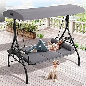 Outdoor Porch Swing with Canopy and Stand | 3 Person Patio Swing for Adults | Convertible 2 in 1 Porch Bed Swing with Cup