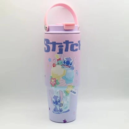 30OZ Stitch High-capacity Vacuum Cup Anime Stainless Steel Auto Cup Gradient Color Outdoor Portable Handheld Straw Cup