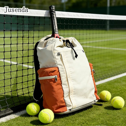 Jusenda Portable Outdoor Tennis Racket Bag Lightweight Drawstring Basketball Badminton Backpack for Men Women Travel Hiking Bag