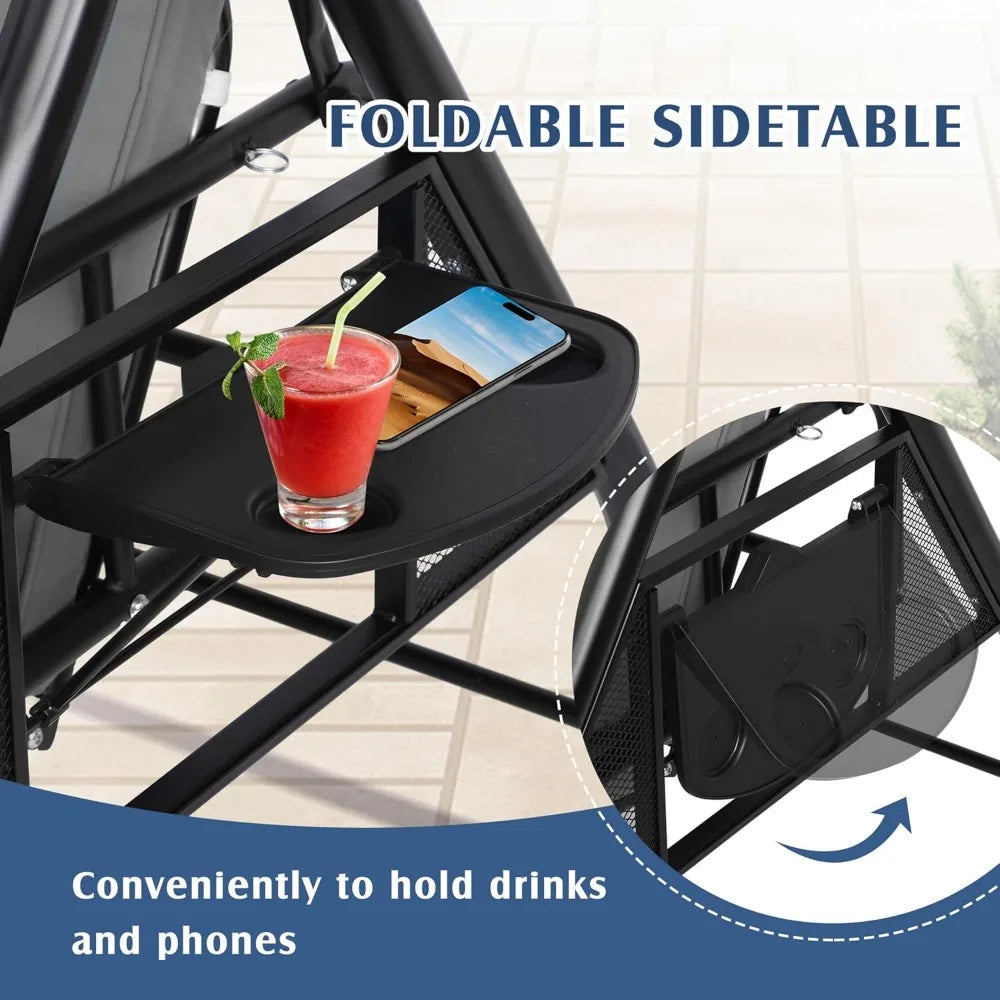 Outdoor Porch Swing with Canopy and Stand | 3 Person Patio Swing for Adults | Convertible 2 in 1 Porch Bed Swing with Cup