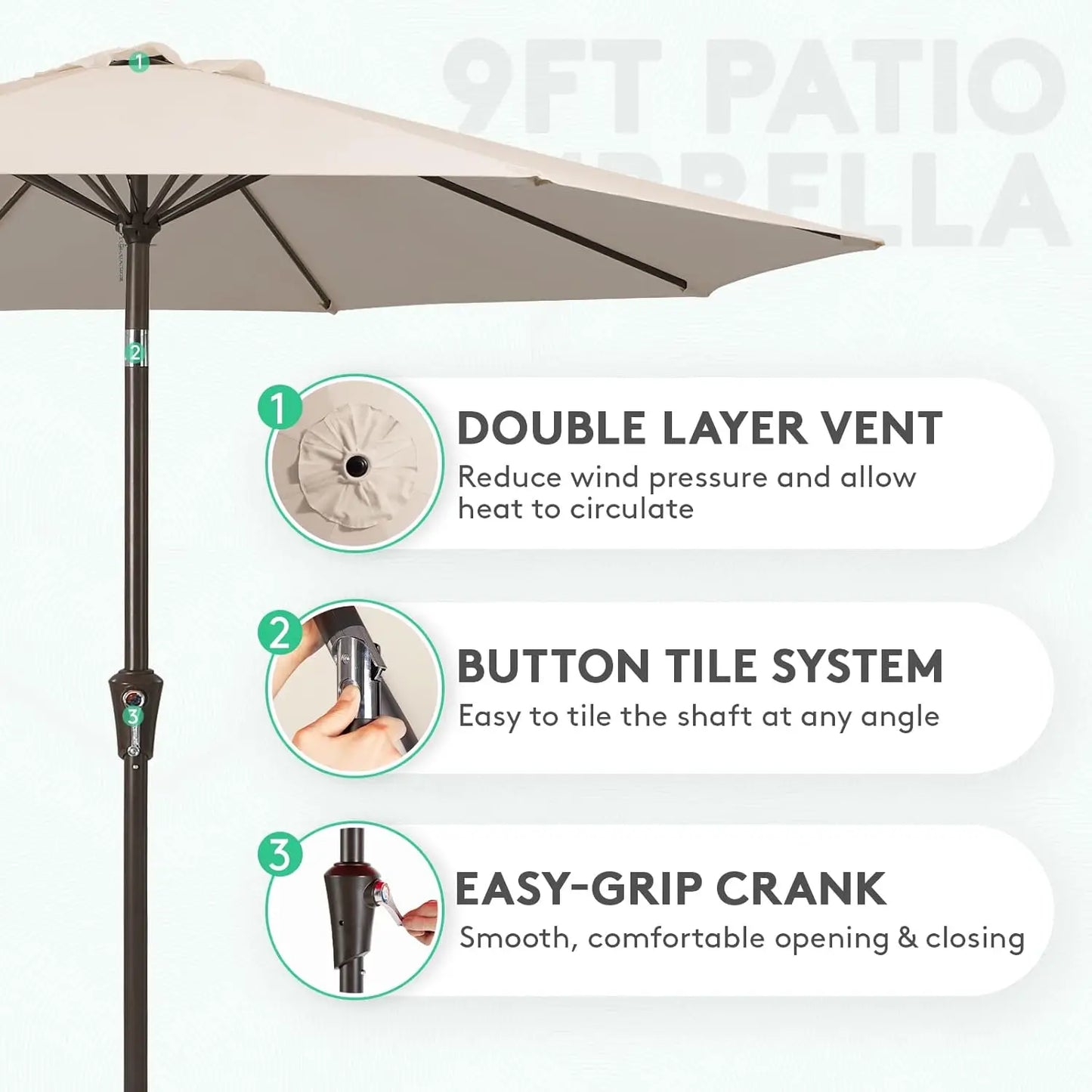 9FT Outdoor Patio Umbrella with Push Button Tilt and Crank, UV Protection | Waterproof for Garden Deck Backyard Pool