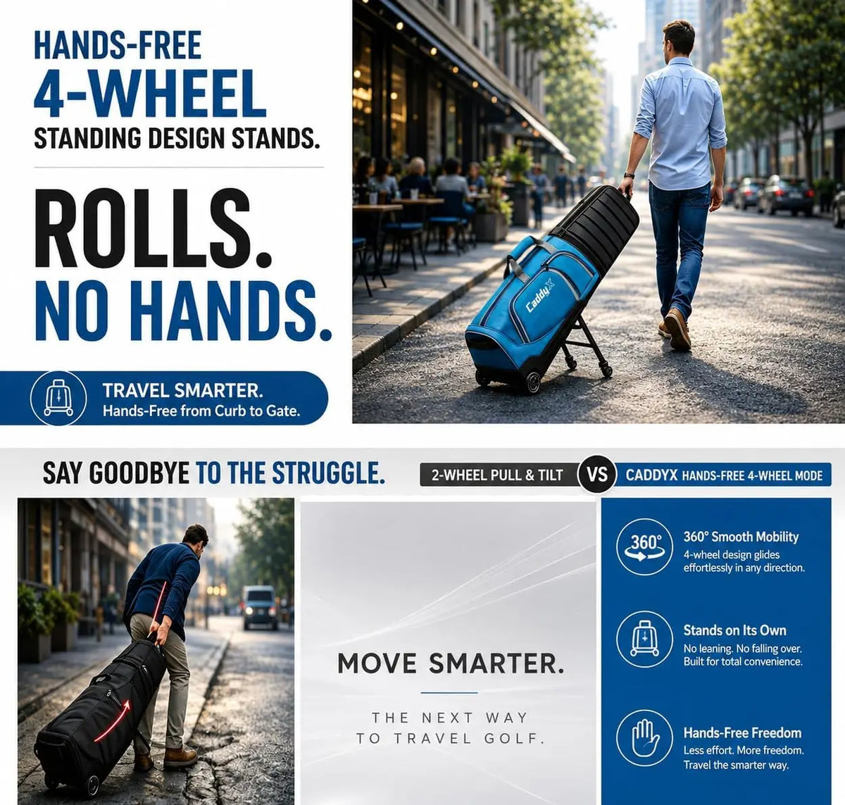 Premium Airline Golf Travel Bag Featuring 4-Wheel Hands-Free Rolling and 2-Wheel Pull Mode, Reinforced Hard Base, and Enhanced Club Head Protection