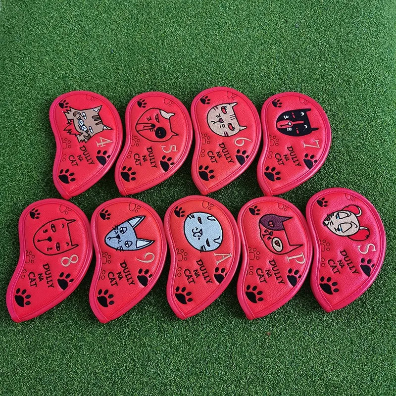 Cute Cartoon Cat Golf Iron Headcover Set PU Waterproof Golf Club Protective Covers Golf Accessories