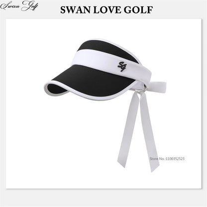 SG Korean Style Golf Cap Women Empty Top Sun Hats Girls Adjustable Large Brim Anti-UV Sports Caps Lady Headcover with Bow Ribbon