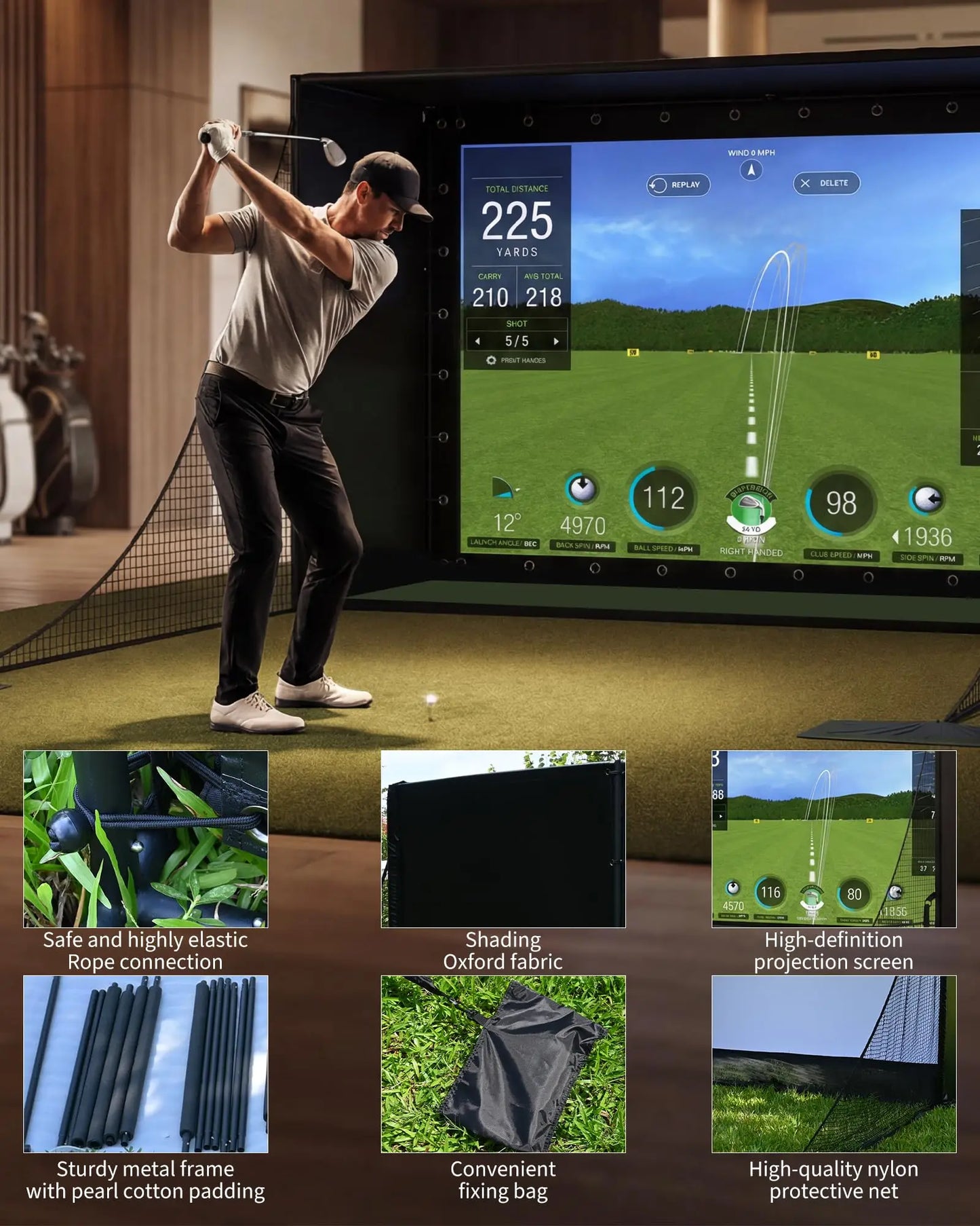 Golf Simulator Enclosure Package, 4K-Ready Impact Screen with Blackout Cage, Frame Poles, Bottom Fence mesh, Side Nets and Sandbags for Indoor or Garage Use, Guardrail