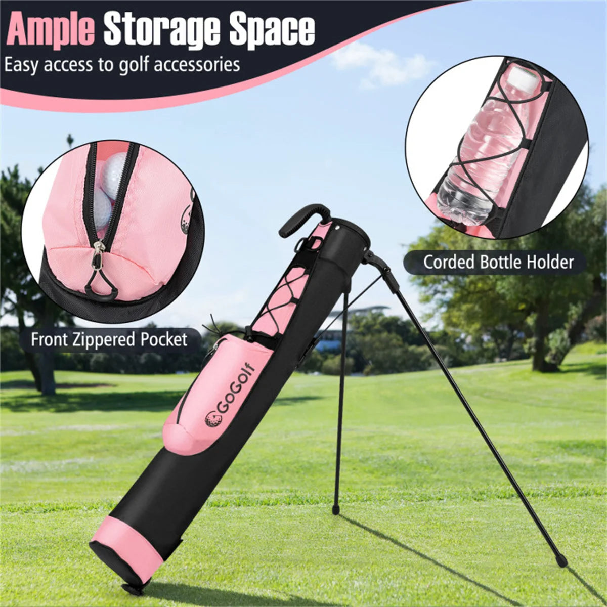 Portable Golf Carry Bag - Dual Carrying (Shoulder Strap+Top Handle), Zippered Pocket+Bottle Holder-Pink + Black