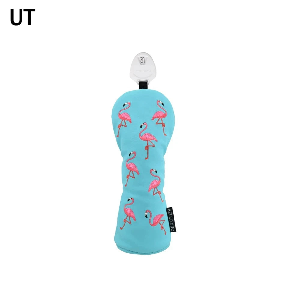 Cute Flamingo Embroidery Golf Headcover Waterproof PU Driver Fairway Wood Hybrid Golf Cover Golf Protection Accessories