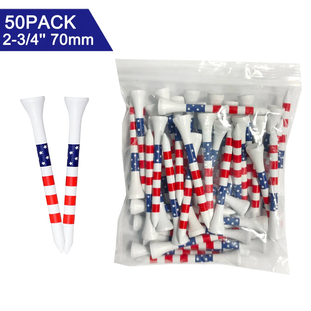 50 Pcs American Flag Style Durable Bamboo Golf Tees, High-Quality Golf Long-Distance Hitting Professional Friction Reducing Tee
