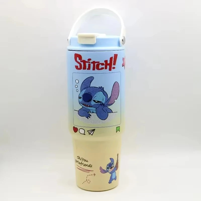 30OZ Stitch High-capacity Vacuum Cup Anime Stainless Steel Auto Cup Gradient Color Outdoor Portable Handheld Straw Cup