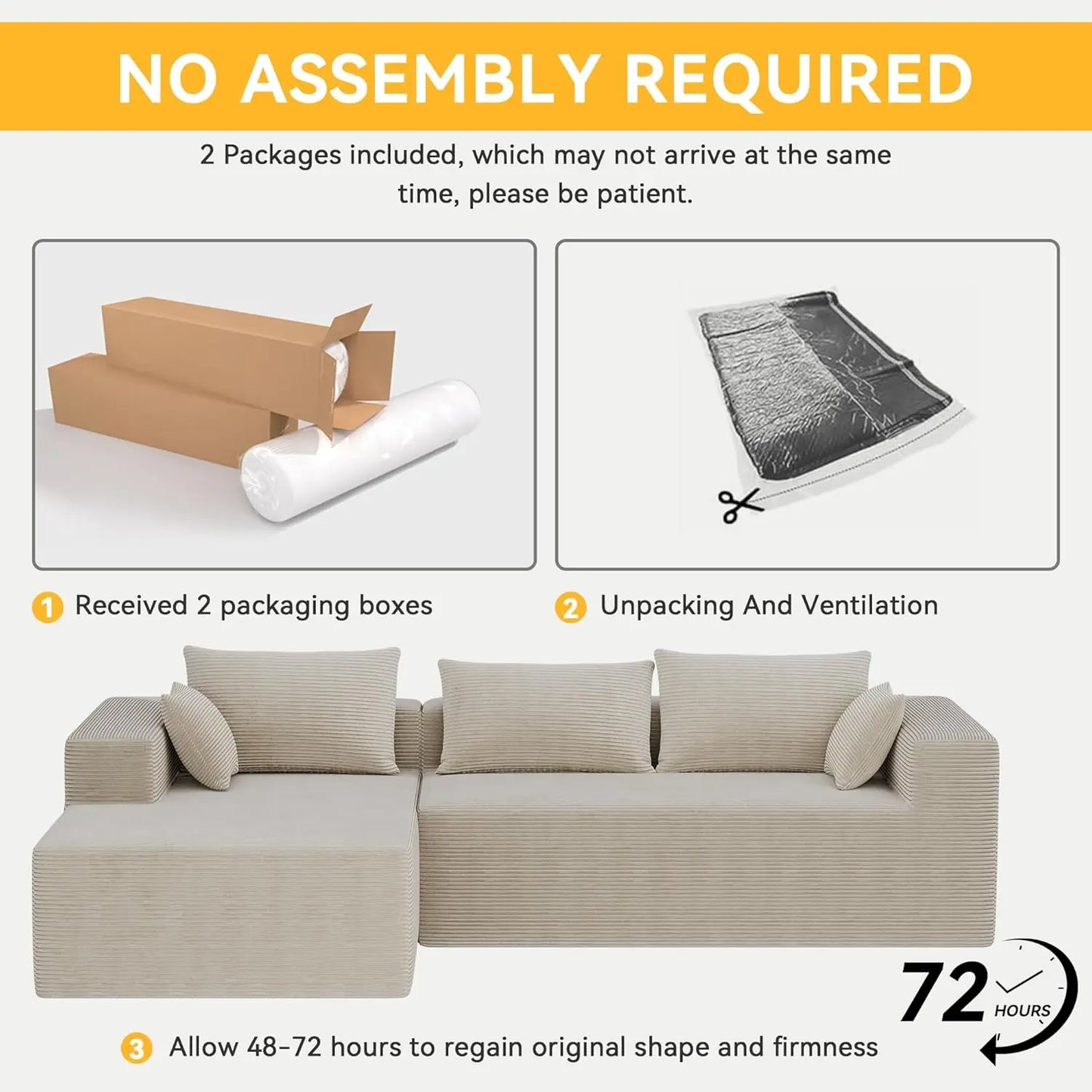 111 Inch L-Shaped Cloud Sectional Sofa Couch, Compression Couch with Chaise, Modular Deep Seat Boneless Design for, Customized