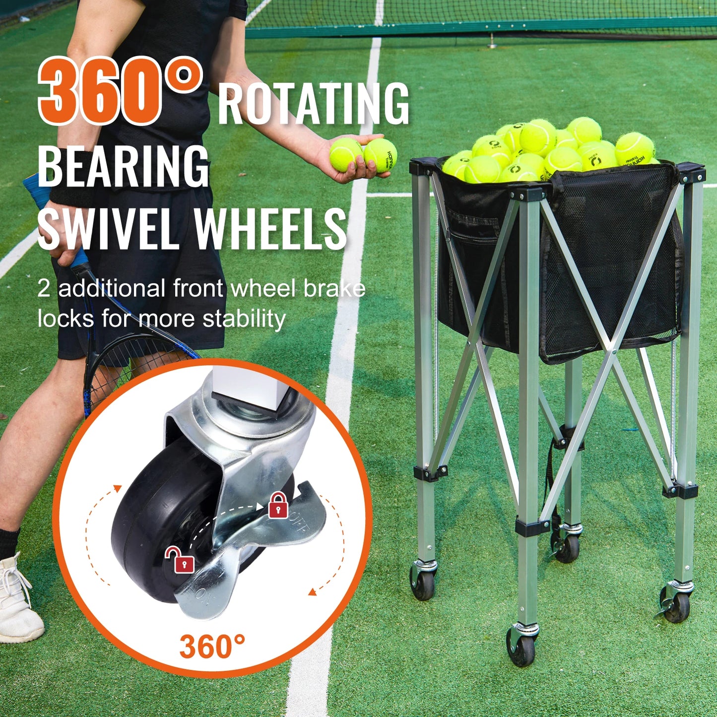 Foldable Tennis Ball Cart Holds 150/180 Tennis Balls Basket Hopper with Wheels for Sports Teaching Baseball Trolley