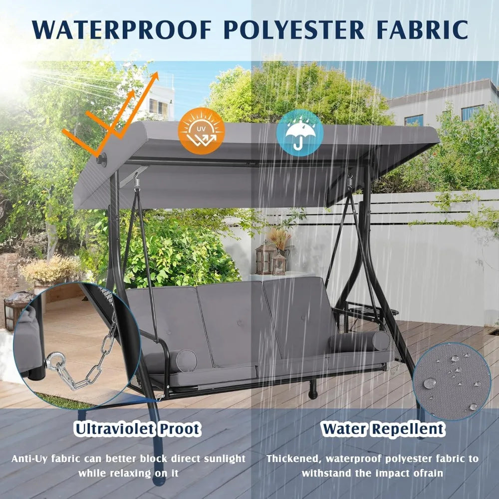 Outdoor Porch Swing with Canopy and Stand | 3 Person Patio Swing for Adults | Convertible 2 in 1 Porch Bed Swing with Cup