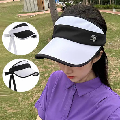 SG Korean Style Golf Cap Women Empty Top Sun Hats Girls Adjustable Large Brim Anti-UV Sports Caps Lady Headcover with Bow Ribbon