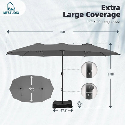 15ft Double Sided Patio Umbrella with Base Included, Outdoor Large Rectangular Market Umbrellas with Crank Handle, Customized