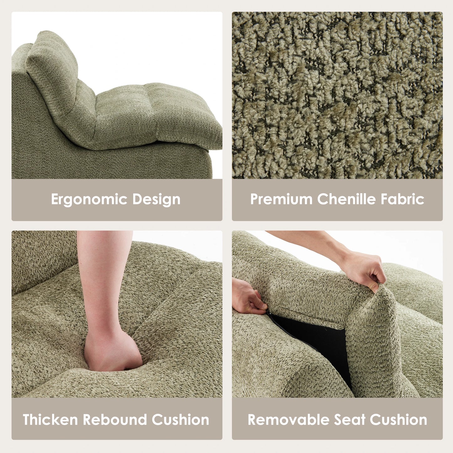 Chenille Sofa, Modern Fabric Couch with High-Elastic Memory Foam, No Assembly, Soft & Skin-Friendly, for Living Room, Apartment