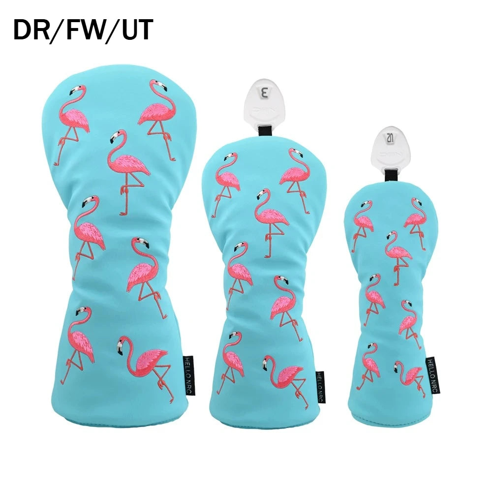 Cute Flamingo Embroidery Golf Headcover Waterproof PU Driver Fairway Wood Hybrid Golf Cover Golf Protection Accessories