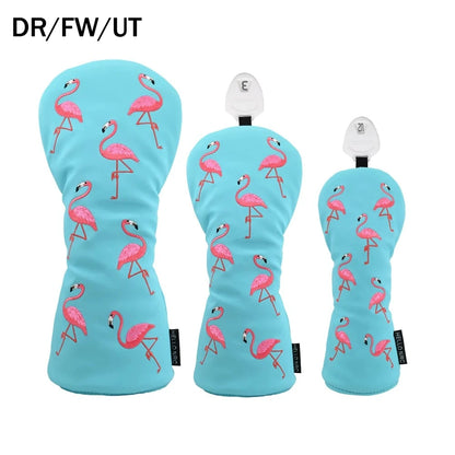 Cute Flamingo Embroidery Golf Headcover Waterproof PU Driver Fairway Wood Hybrid Golf Cover Golf Protection Accessories