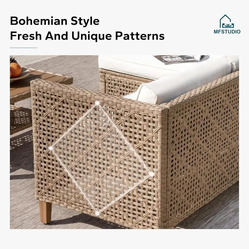Beige 3-Piece Outdoor L-Shaped Wicker Sofa Set with Rattan Sectional and Acacia Coffee Table for Patio or Backyard