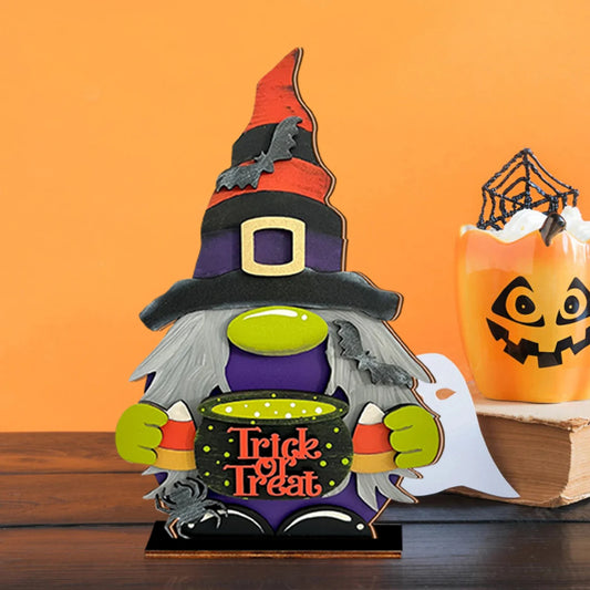 Halloween Wooden Gnome Ornament with "Trick or Treat" Cauldron, Cute Decor for Home Party