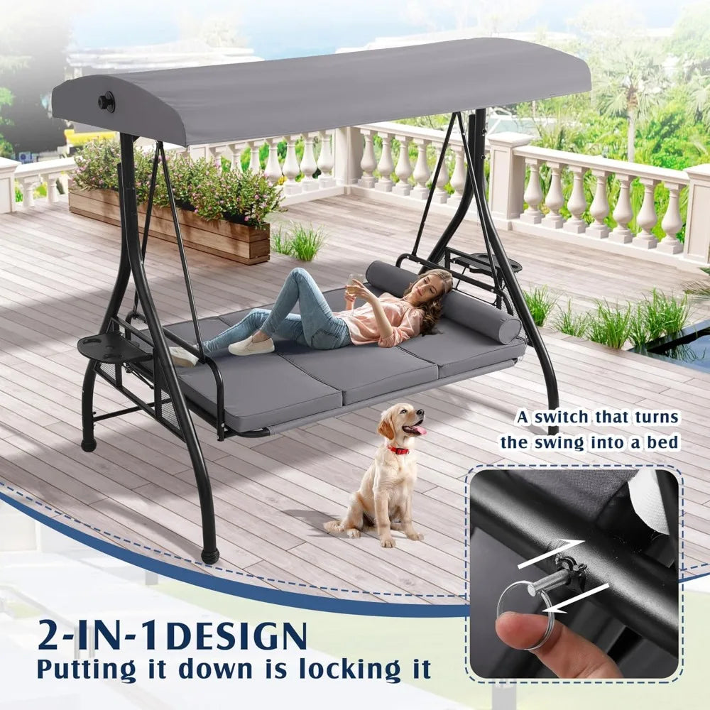 Outdoor Porch Swing with Canopy and Stand | 3 Person Patio Swing for Adults | Convertible 2 in 1 Porch Bed Swing with Cup