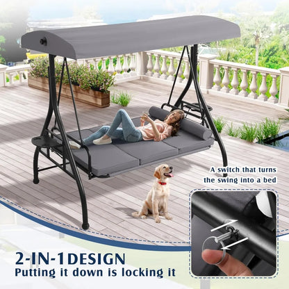 Outdoor Porch Swing with Canopy and Stand | 3 Person Patio Swing for Adults | Convertible 2 in 1 Porch Bed Swing with Cup