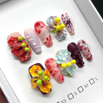 Handmade 3D Floral Press-On Nails, Dopamine Burst Design, Tropical Floral Style