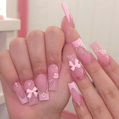 24Pcs French Flash White Border Cherry Blossom Rhinestone Fake Nails | Whitening Detachable Festival Nail Set