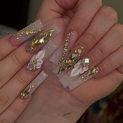 24-Piece Wearable Nails - Removable Nail Stickers Handmade NailsLong - length Nail Art  Diamond - embellished Nail Art