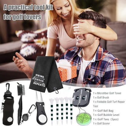 11‑Piece Golf Accessory Set, Including A Golf Bag, Clip‑On Tee Holder, Golf Towel, Cleaning Brush, Ball Marker, Divot Repair Tool, And Score Counter.