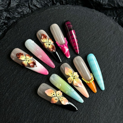 Hand-Painted 3D Carved Press-On Nails, Luxury Summer Macaron Finished Nail Stickers