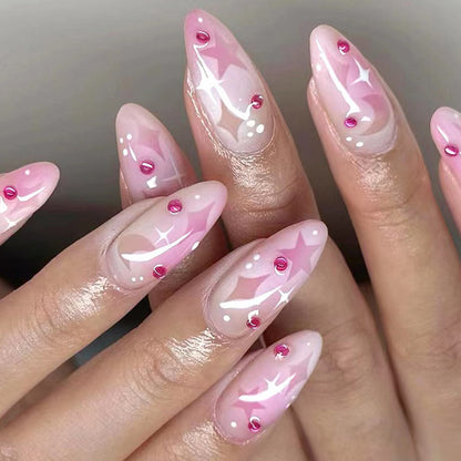 24-Piece Almond Rhinestone Inlay Silver Glitter Fake Nails | Refined Elegant Wearable Nail Art
