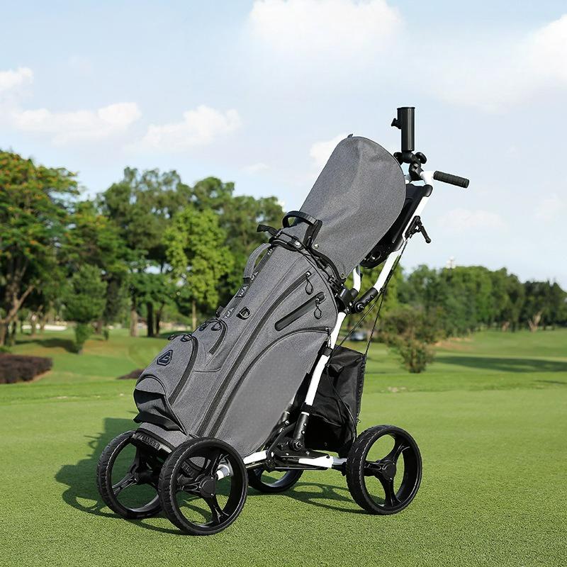 PGM Aluminium Alloy Trolley with Umbrella Holder Bottle Cage Fixing Rope Manual Brake Foldable Golf Bag Cart Four Wheels QC005