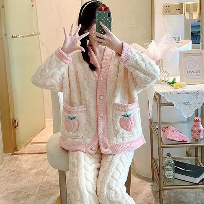 Thickened warm pink peach coral velvet 2-piece set sweet sleepwear casual wear winter women's cardigan pajamas fashion home wear