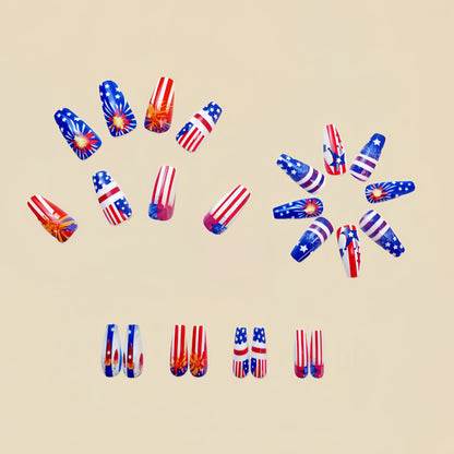 24pcs/set Short Medium square ballet fake nails tip for American Independence Day blue red flowers star flag press on false nail