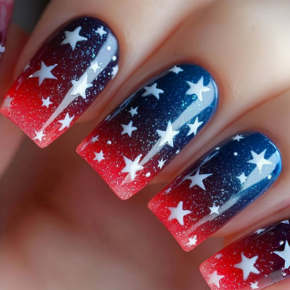 24pcs/set Short Medium square ballet fake nails tip for American Independence Day blue red flowers star flag press on false nail