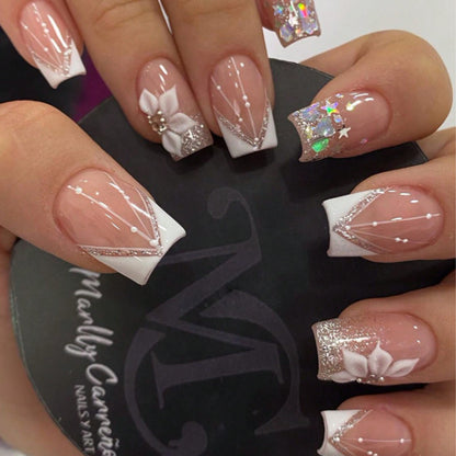 24-Piece Almond Rhinestone Inlay Silver Glitter Fake Nails | Refined Elegant Wearable Nail Art