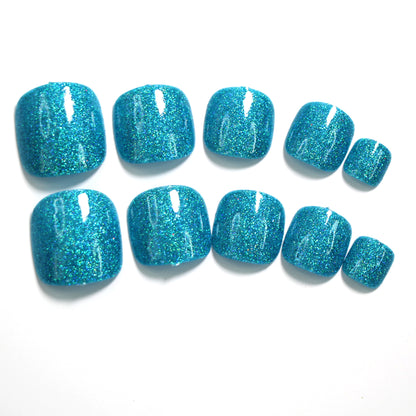 24-Piece Holiday-Inspired Blue Glitter Toenails | Rhinestone-Embellished Press-On Toenail Set