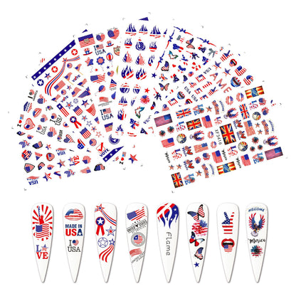 8 Sheets/lot Celebrate Independence Day USA America UK Flags Adhesive Nail Art Stickers Decals Manicure Ornaments Set