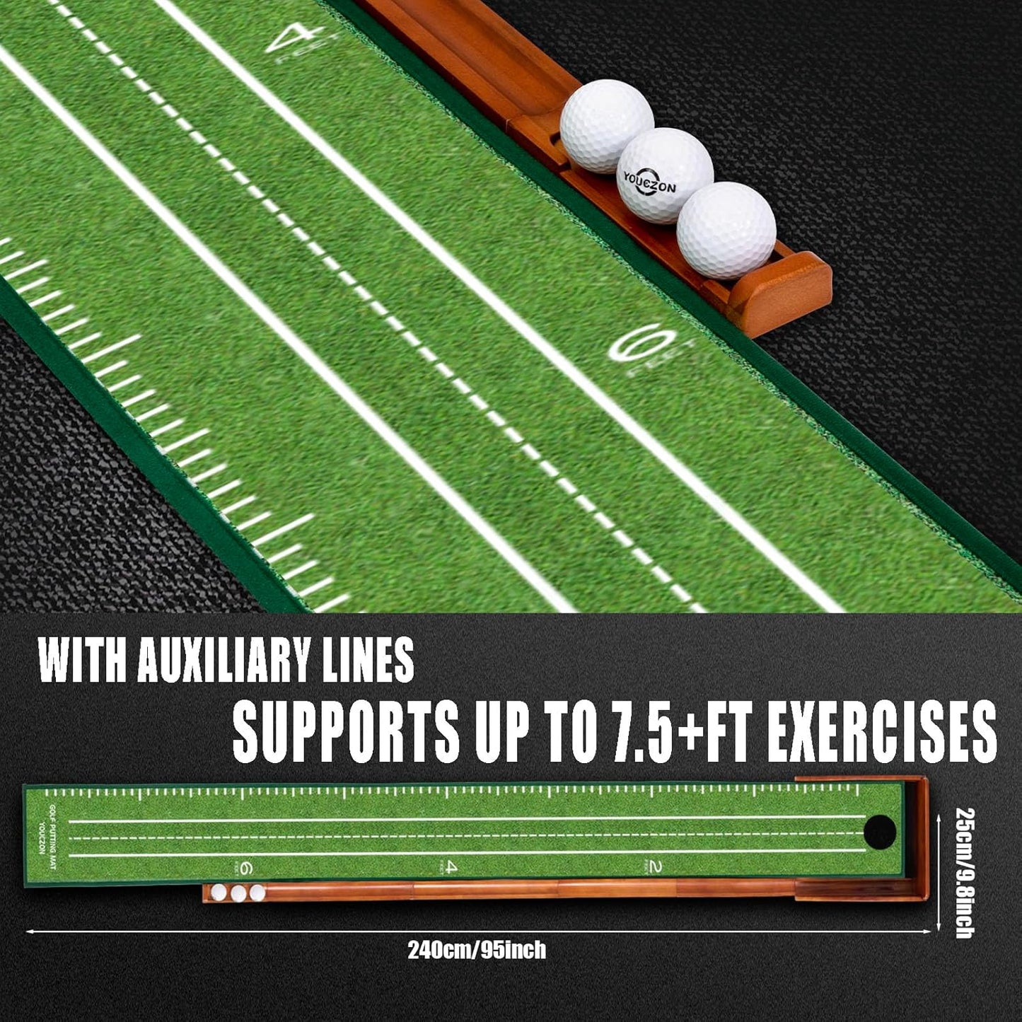 Putting Green Indoor | No Hump Golf Mat | Auto Ball Return | Easy To Fold Solid Wood Base | Luxurious Velvet Surface | Ideal For Home Office Golfers