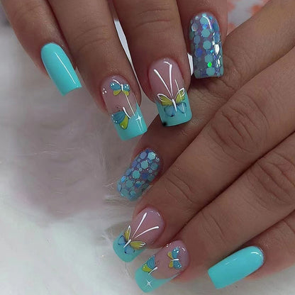 4 Packs/96 Pcs Medium-Long Square Blue-Green Butterfly Nail Set | Fresh Natural with Gold Lines (Casual Daily Wear)
