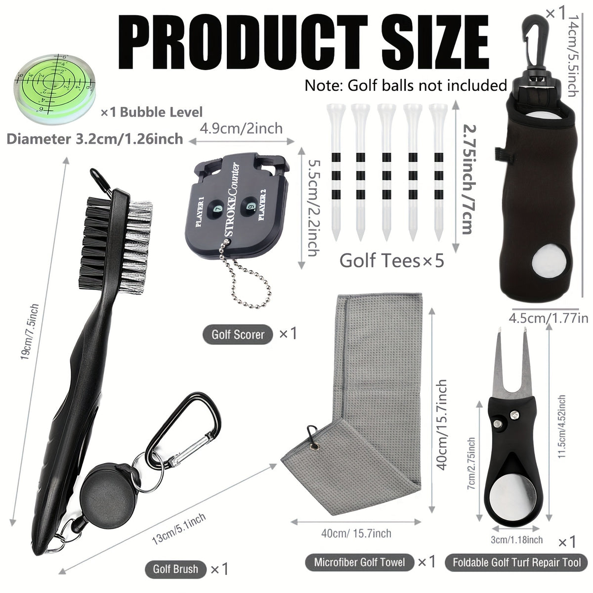 7-piece men's golf accessory set, new golf cleaning kit:  Towel, Pouch, Brush, Level, Score Counter, Tee Tool
