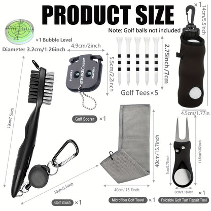 7-piece men's golf accessory set, new golf cleaning kit:  Towel, Pouch, Brush, Level, Score Counter, Tee Tool
