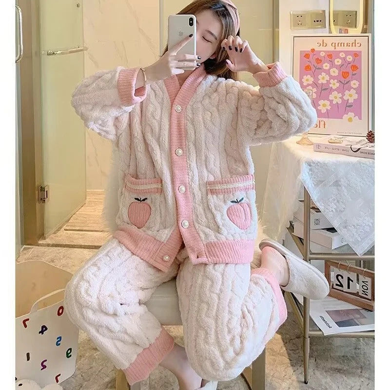 Thickened warm pink peach coral velvet 2-piece set sweet sleepwear casual wear winter women's cardigan pajamas fashion home wear