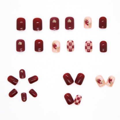 24Pcs Wearable Removable False Nails | Red Sweetheart Whitening Chessboard Love Nail Art Stickers