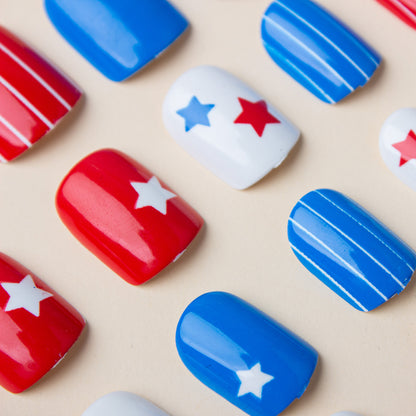 24Pcs Independence Day Glossy Square Press-On Nails | American Flag False Nail Tips