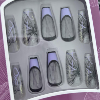 10-Piece Dreamy Purple-Black Geometric Wearable Nails | Mysterious Line Fingertip Fashion Nail Art