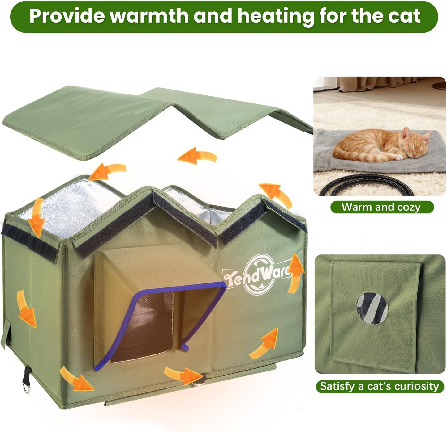 Outdoor Heated Cat House | Elevated Base | Cat-Attracting Eave Design | Feral Stray Shelter | Weatherproof For Winter | Garage Yard Porch Use | Size L