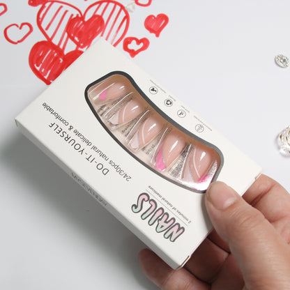 2-piece Set 24 Nail Set Tips Handmade Pink Rhinestone Accent Reusable Press-on Nails Set Fake Nails with Sparkle Crystal Diamonds