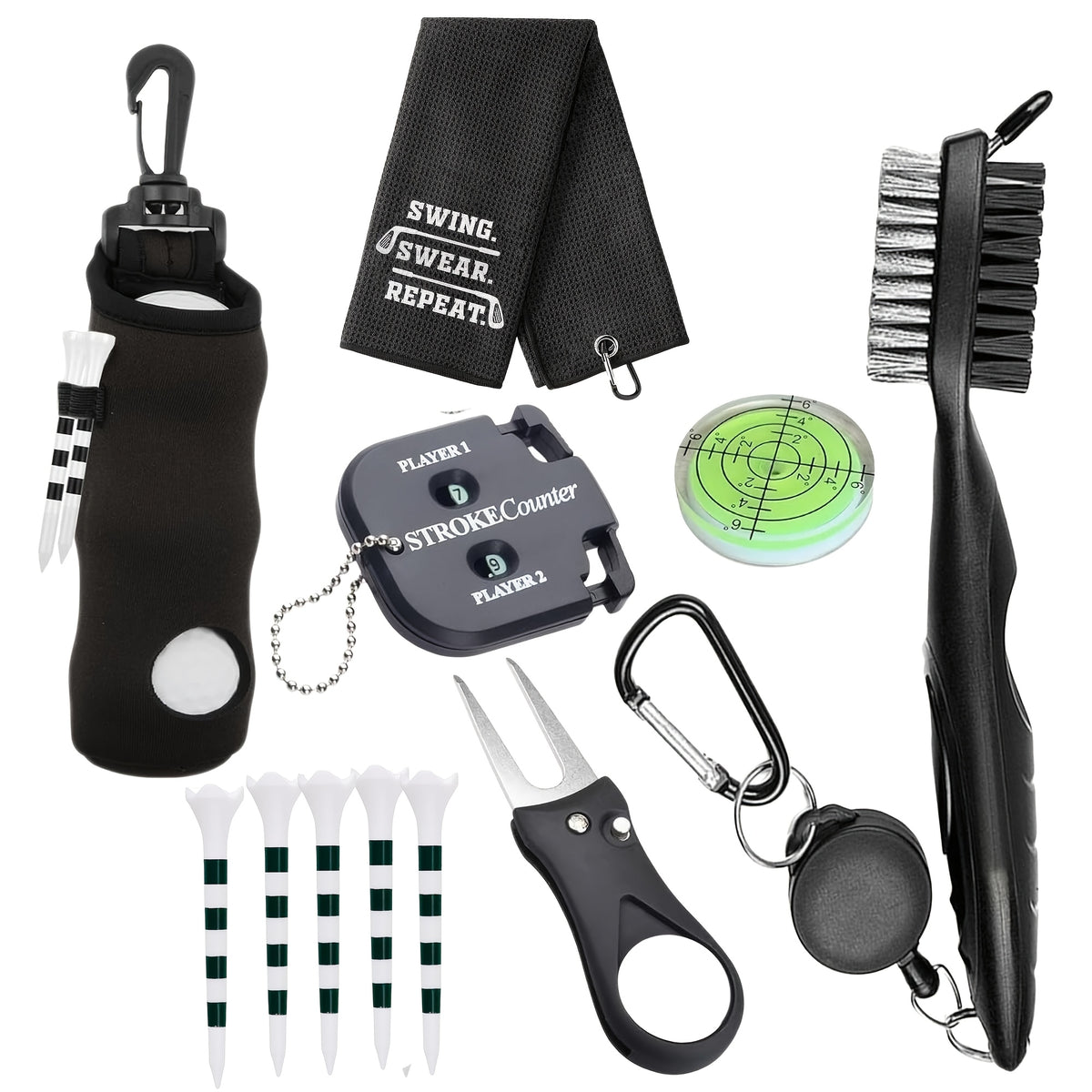 11‑Piece Golf Accessory Set, Including A Golf Bag, Clip‑On Tee Holder, Golf Towel, Cleaning Brush, Ball Marker, Divot Repair Tool, And Score Counter.